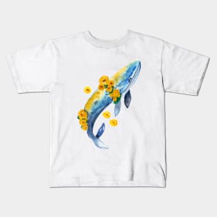 Watercolor whale and yellow flowers Kids T-Shirt